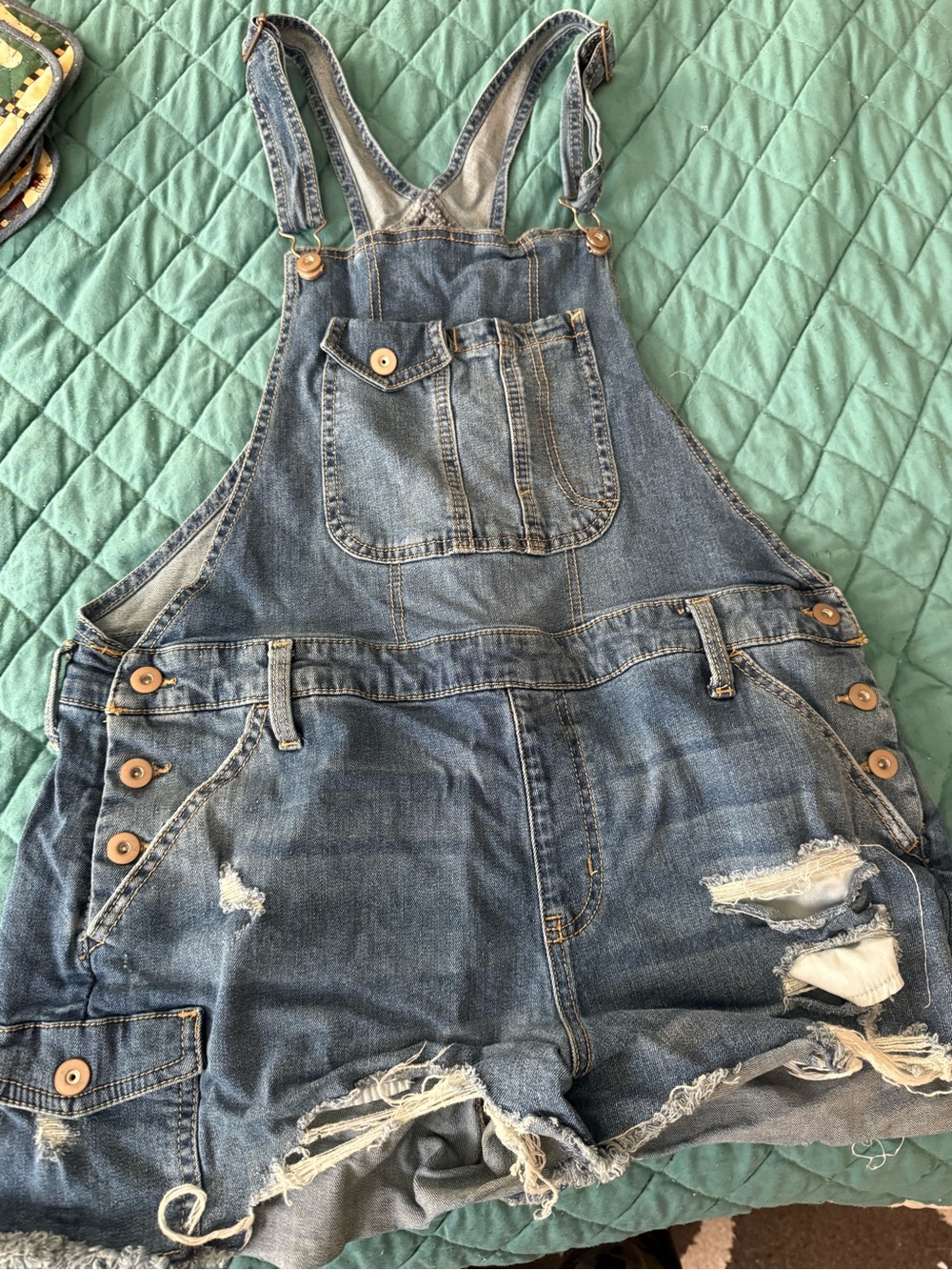 Distressed Denim Short Overalls - Blue
